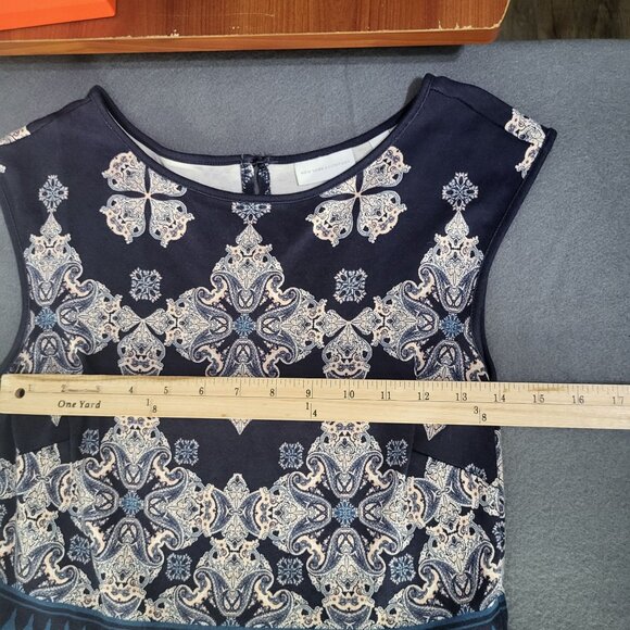 New York & Co Women's SZ S Fit and Flare Print Dress Pockets Navy Sleeveless - Picture 7 of 11